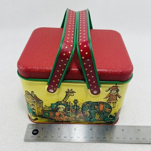Vintage Potpourri Christmas Tin Box Storage Trinket 5” Container Red Handle Girl - Picture 9 of 10
